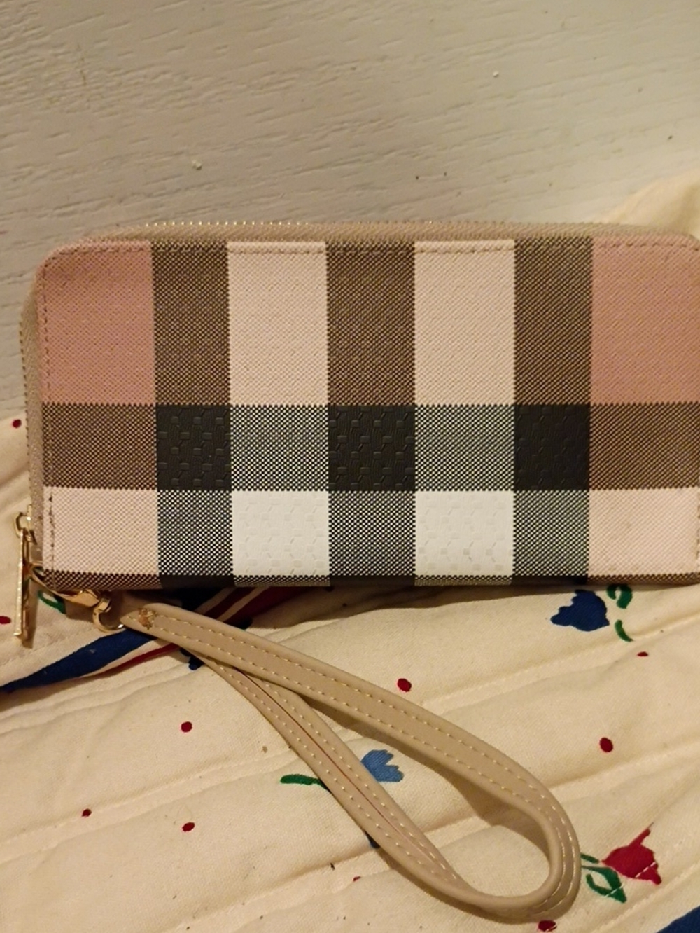 Pink Check Zip-Around Wristlet Wallet